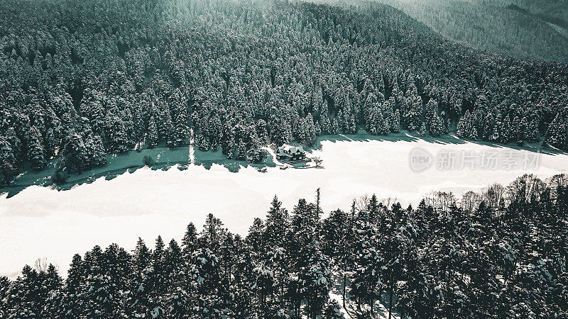 Popular locations of Turkey, aerial view of frozen lake in Bolu in winter and Gölcük nature park, lakeside house, lake house in snowy season, frozen lakeside country house, deserted house in snowy forest, most beautiful house